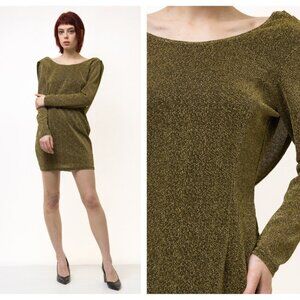 Michael Kors Sz M Black Gold Metallic Stretch Midi Dress Back Chain Long Sleeve